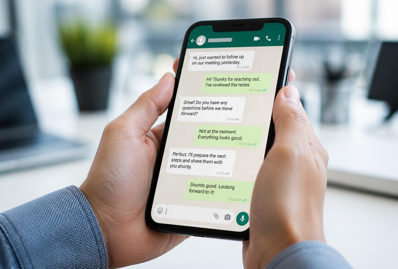 Conversación de seguimiento con un cliente por WhatsApp en un móvil